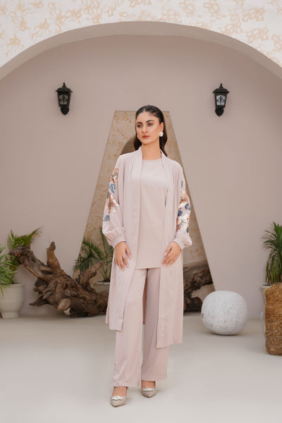 Peach Beige Sequence Embroidery 3 Piece kimono Set