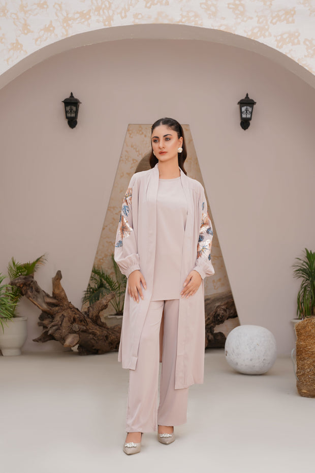 Peach Beige Sequence Embroidery 3 Piece kimono Set