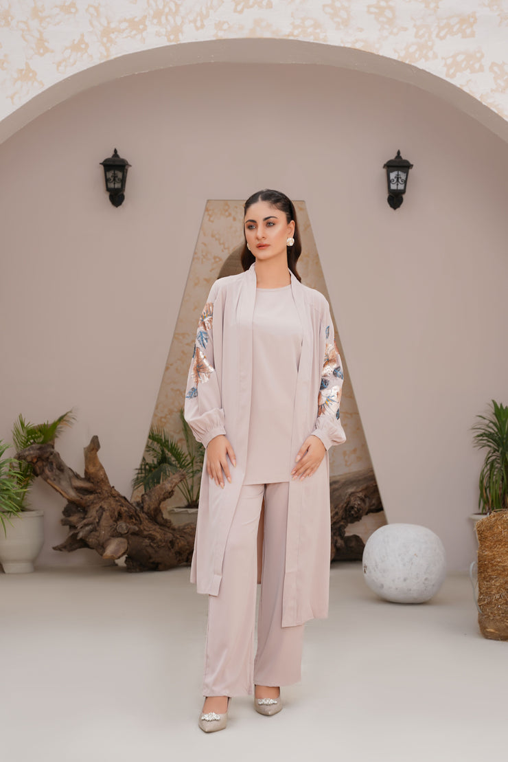 Peach Beige Sequence Embroidery 3 Piece kimono Set