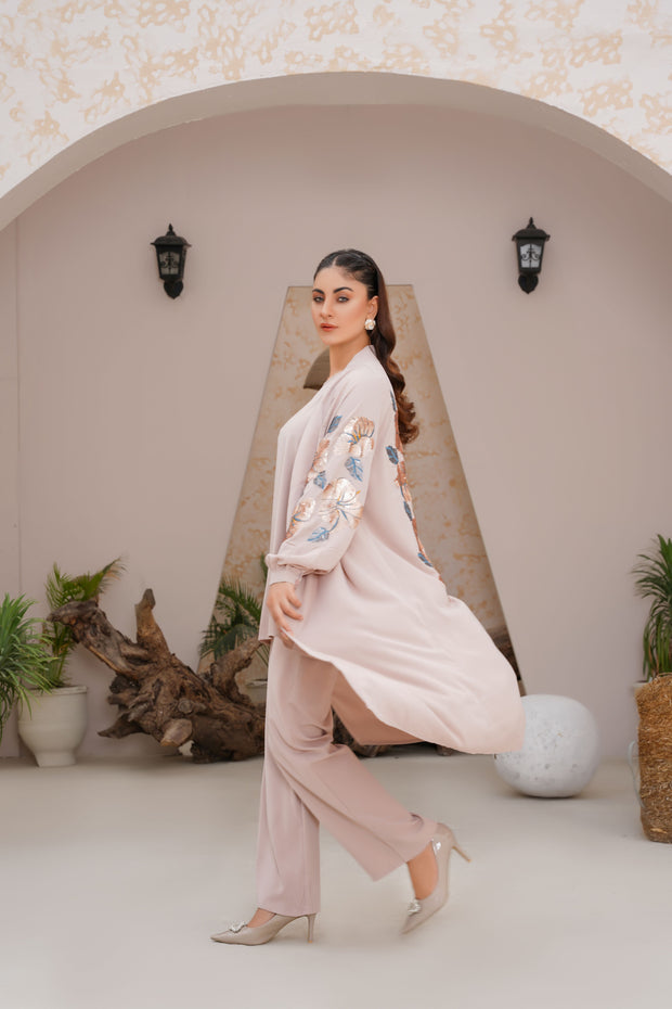 Peach Beige Sequence Embroidery 3 Piece kimono Set