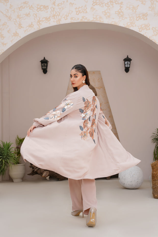 Peach Beige Sequence Embroidery 3 Piece kimono Set