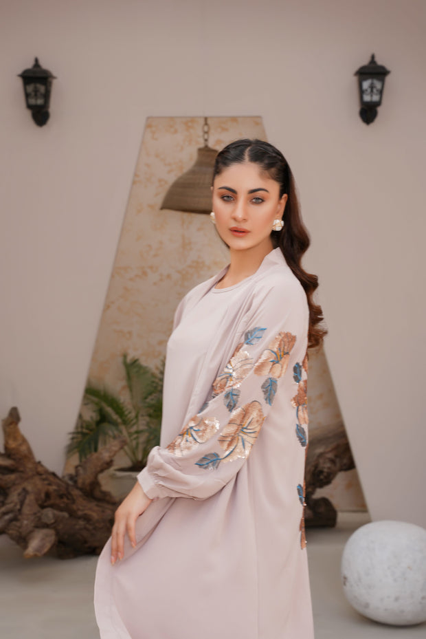 Peach Beige Sequence Embroidery 3 Piece kimono Set