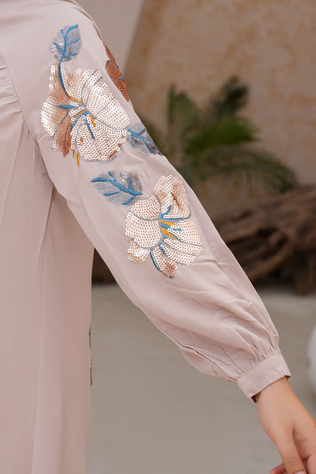 Peach Beige Sequence Embroidery 3 Piece kimono Set