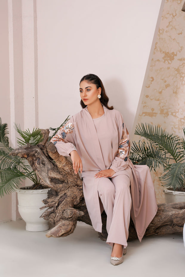 Peach Beige Sequence Embroidery 3 Piece kimono Set