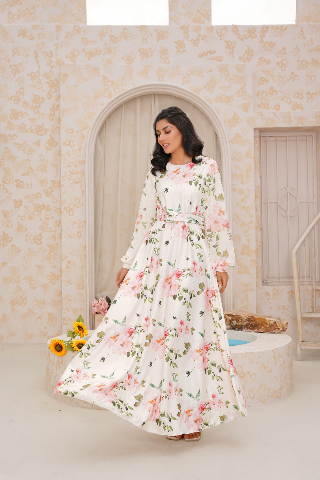 Pearl White floral Silk Long Dress Haiqah Pearl White floral Silk Long Dress Haiqah