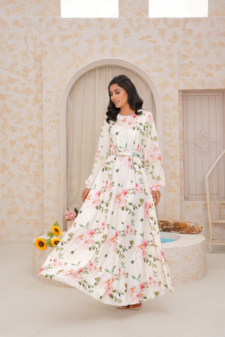 Pearl White floral Silk Long Dress