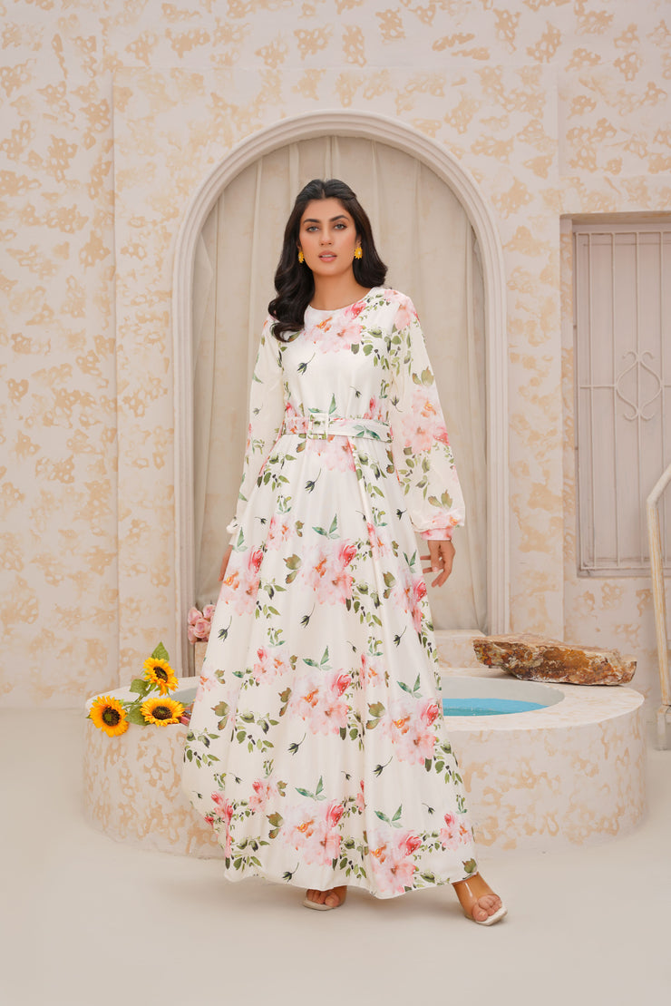 Pearl White floral Silk Long Dress