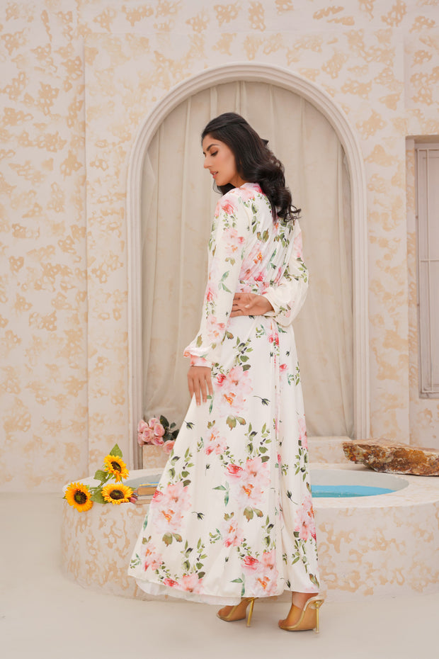 Pearl White floral Silk Long Dress