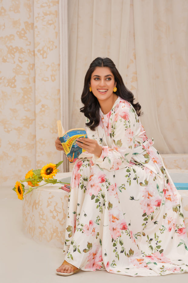 Pearl White floral Silk Long Dress