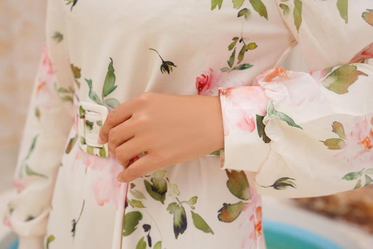 Pearl White floral Silk Long Dress