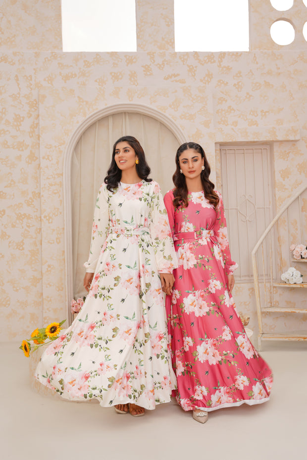 Dark Pink floral Silk Long Dress