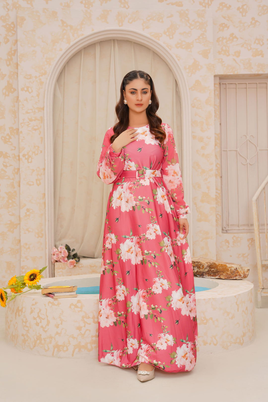 Dark Pink floral Silk Long Dress Haiqah Dark Pink floral Silk Long Dress Haiqah