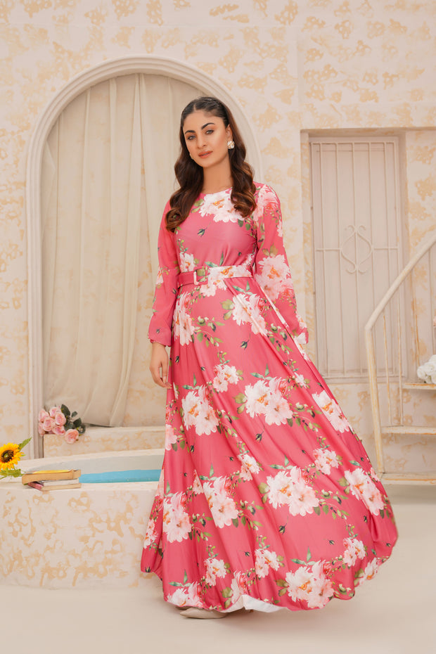 Dark Pink floral Silk Long Dress