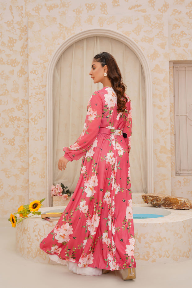 Dark Pink floral Silk Long Dress