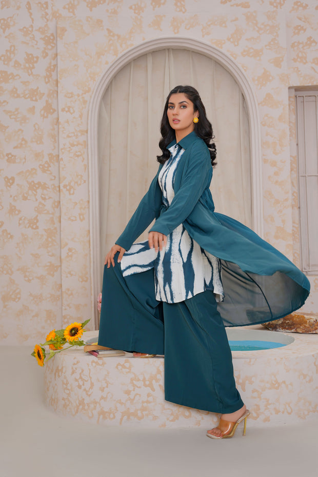 Midnight Green 3 Piece kimono Set with Palazzo