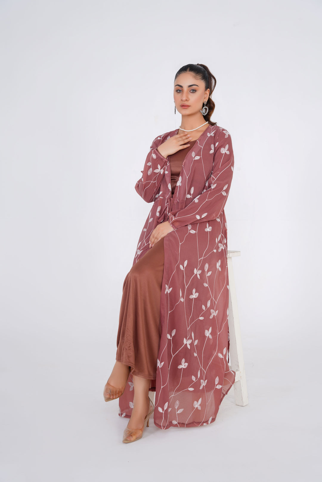 Chestnut Embroided chiffon Kimono with matching slip Haiqah