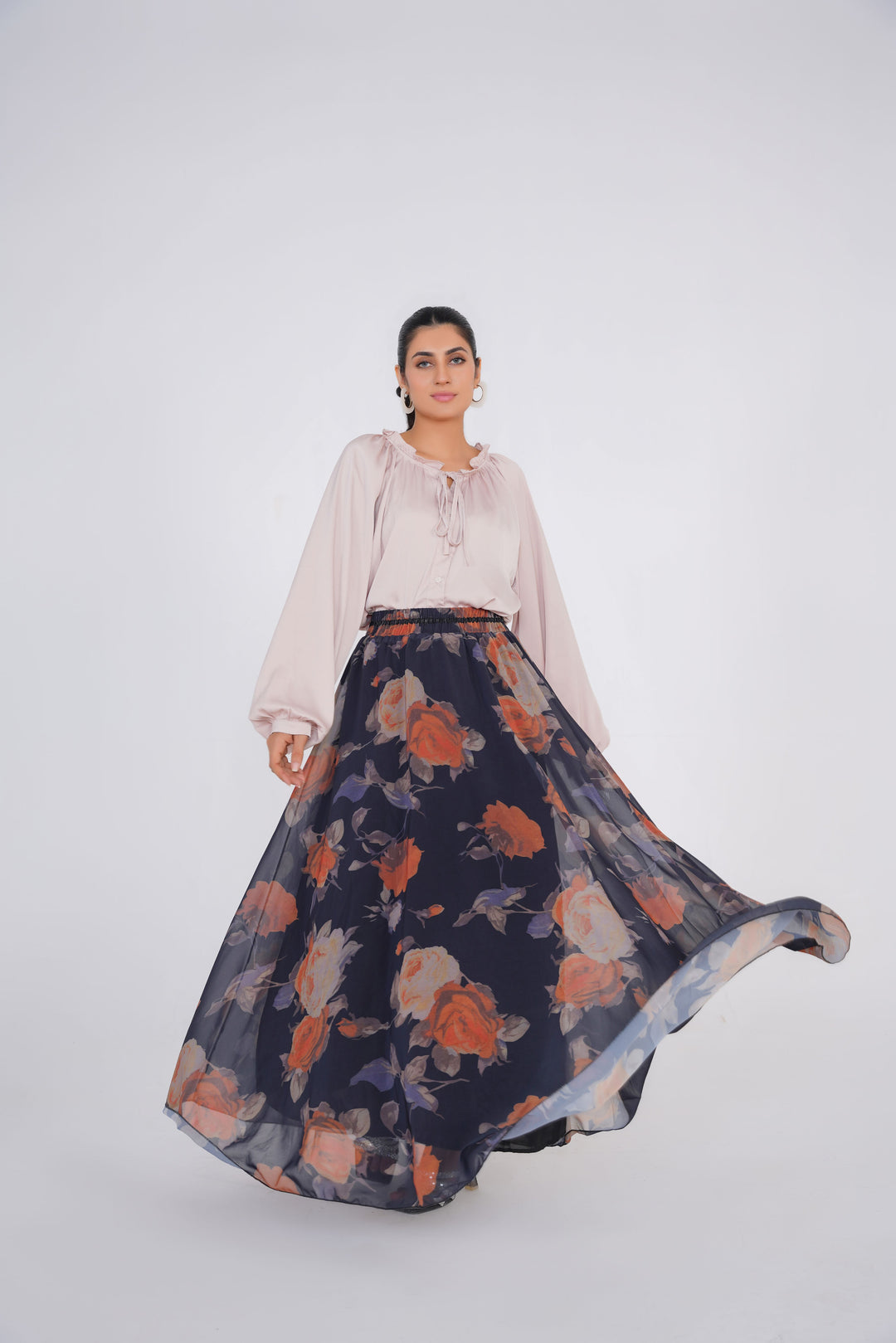 Black Floral Printed Skirt with Cream Silk Top Haiqah