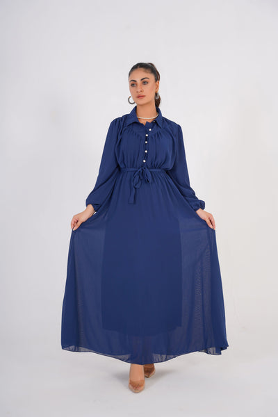 French Navy Chiffon Long Dress
