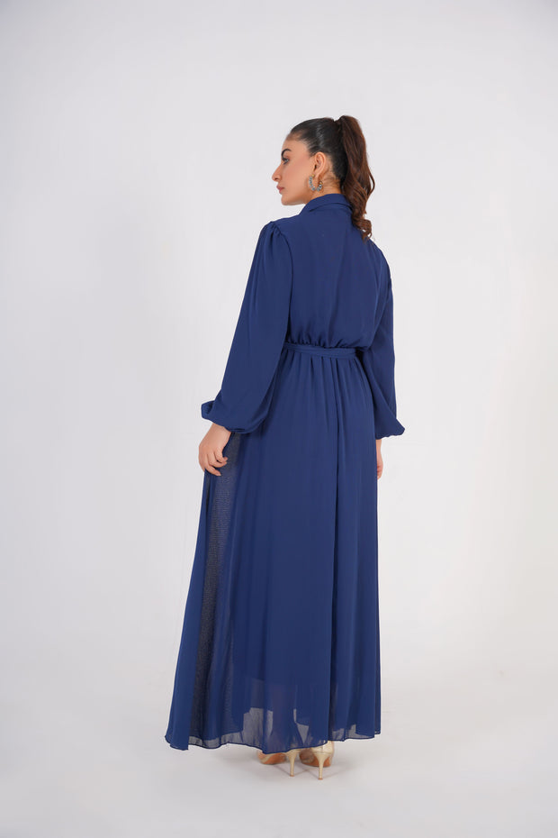 French Navy Chiffon Long Dress