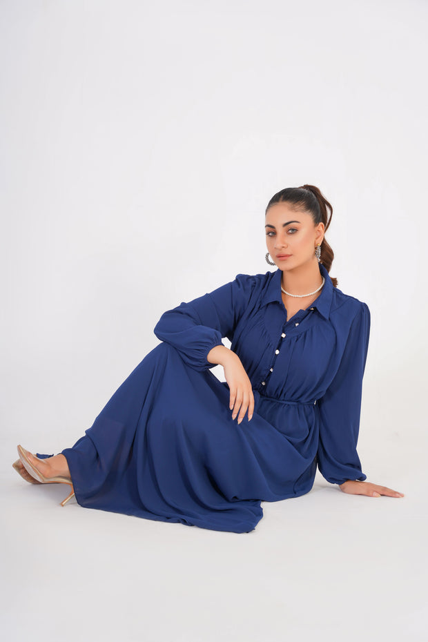 French Navy Chiffon Long Dress
