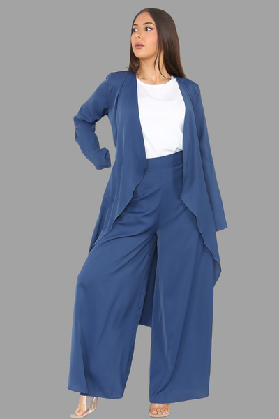 Blue Open Front Kimono with Wide Leg Trousers