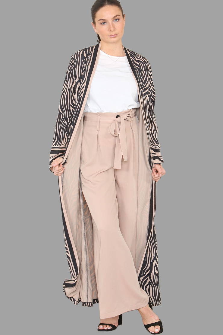 Brown Print Kimono and Tie waist Trouser