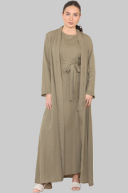 Olive open abaya with matching slip